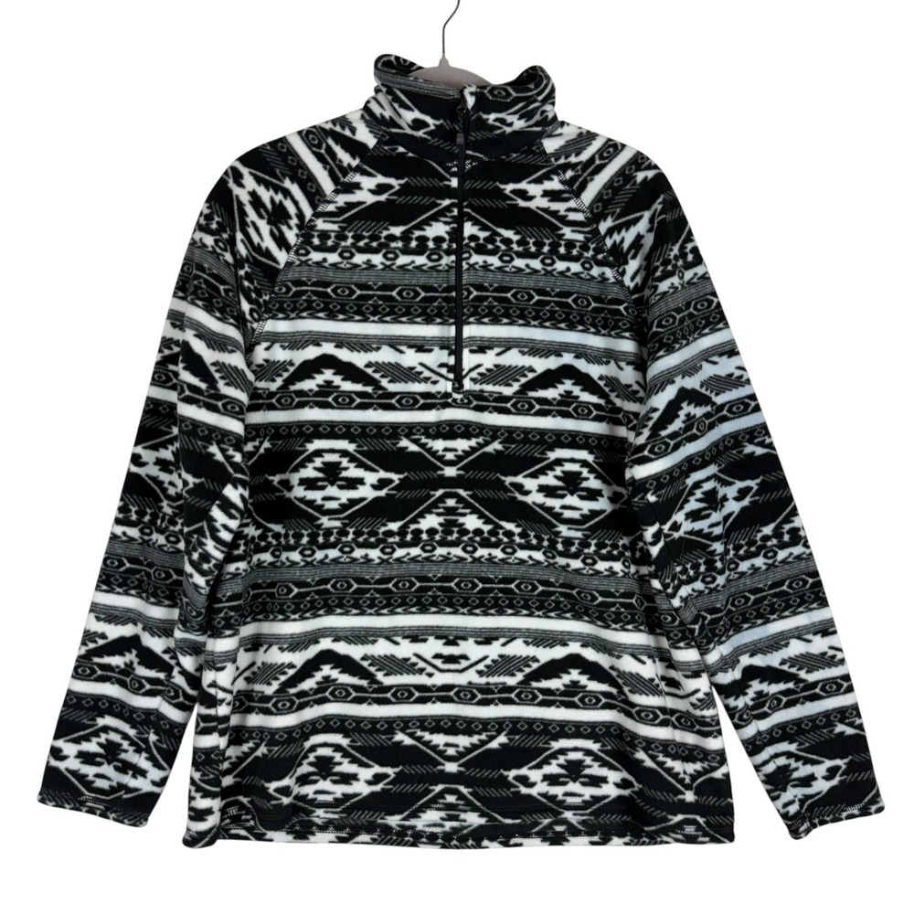 Eddie Bauer‎ Sweatshirt Womens XL Black Fleece 1/4 Zip Mock Neck Aztec Print